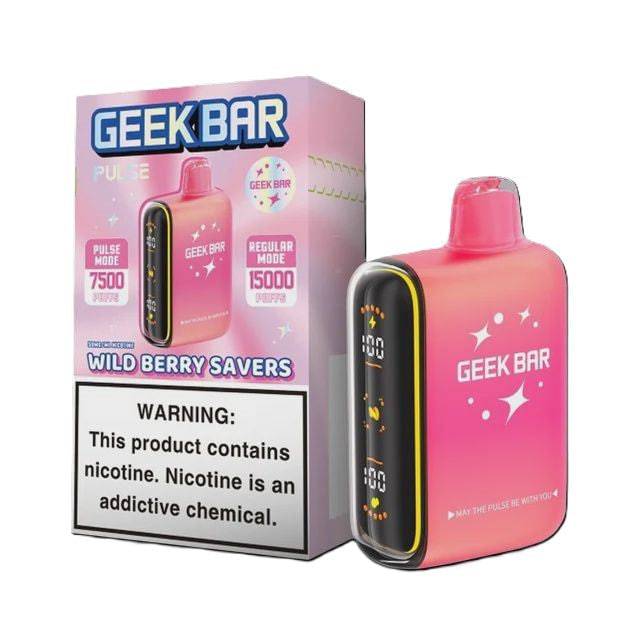 Geek Bar Pulse 15000 vape device with wild berry flavor, showcasing colorful packaging and sleek design from Vape Shop Wholesale.